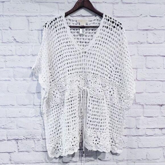 Michael Kors White Sweater Knit Kimono Drawstring Cotton Blouse Crochet  Medium - Picture 1 of 9